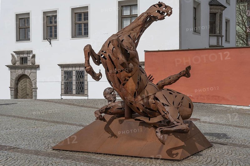 Horse sculpture by Christian Moschen, The New Robe, erected in front of Wilten Abbey in 2015, Insbruck, Austria