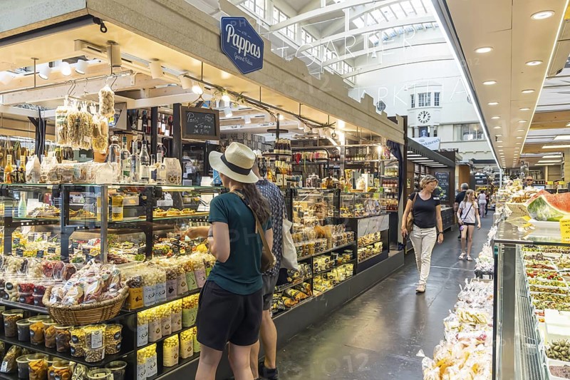Stuttgart market hall in Art Nouveau architectural style. Food market in the upper price segment. Stuttgart, Baden-WÃ¼rttemberg, Germany