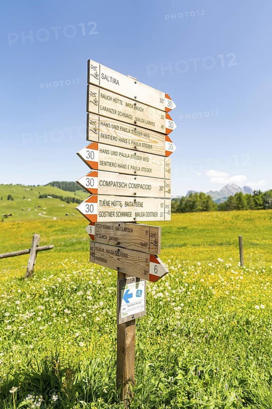 Signpost in a green landscape with mountain views, Alpe di Siusi, Dolomites, South Tyrol, Italy