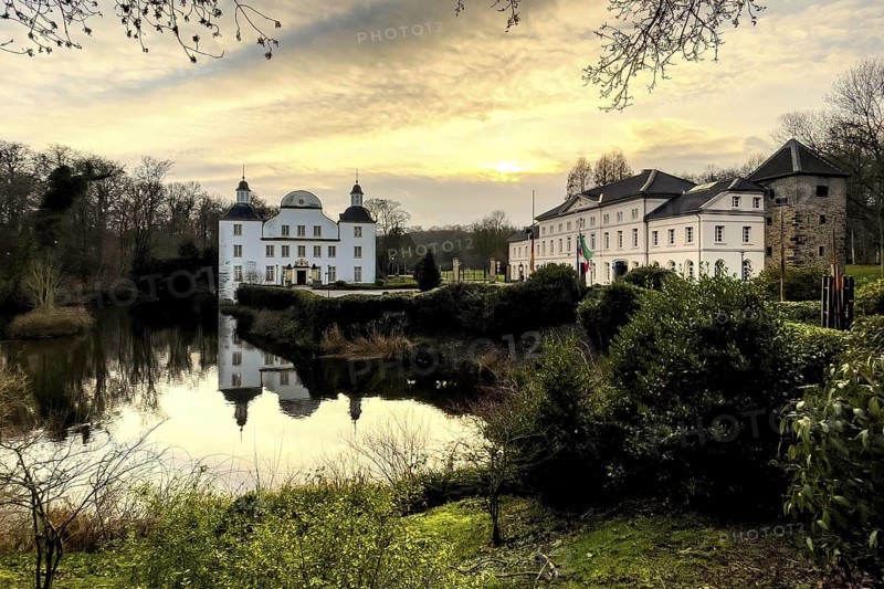Castle moated castle moated castle hidtoric former summer residence of prince abbesses of Damenstift Schloss Borbeck, Essen, North Rhine-Westphalia, Germany