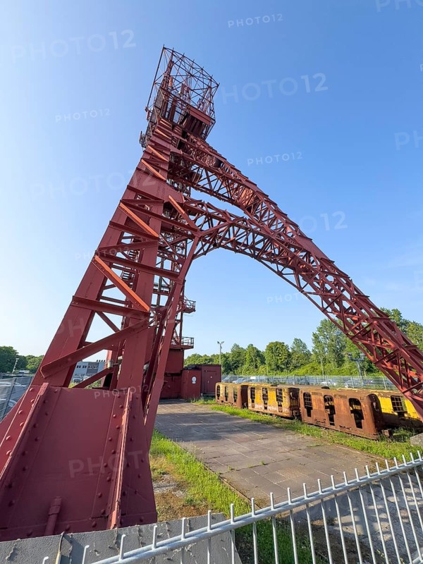Historic red headframe historic red winding tower of Bonifacius colliery coal mine in today's Kray Nord district, Essen, North Rhine-Westphalia, Germany