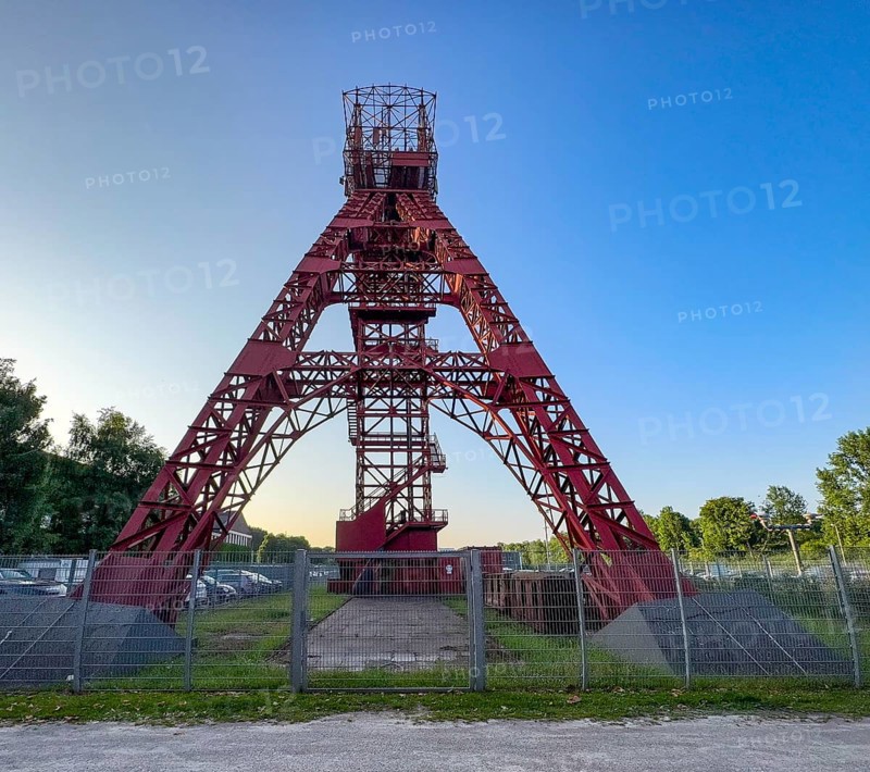 Historic red headframe historic red winding tower of Bonifacius colliery coal mine in today's Kray Nord district, Essen, North Rhine-Westphalia, Germany