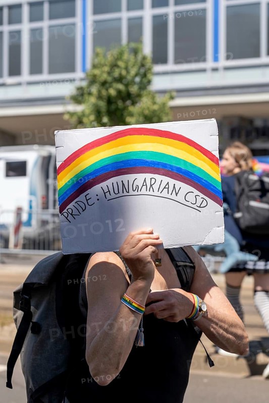 Participant with sign Pride: Hungarian CSD at Christopher Street Day in Leipzig on 28 June 2025. The participant draws attention to the ban on CSD in Budapest, Hungary. Despite the ban, there were around 180, 000-200, 000 participants there at the same time, more than ever in front of