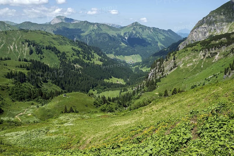 View from the hiking trail to the Hochalp Pass into Kleinwalsertal, behind Walmendinger Horn, BÃ¤rgunttal, near Baad, AllgÃ¤u Alps, Vorarlberg, Austria