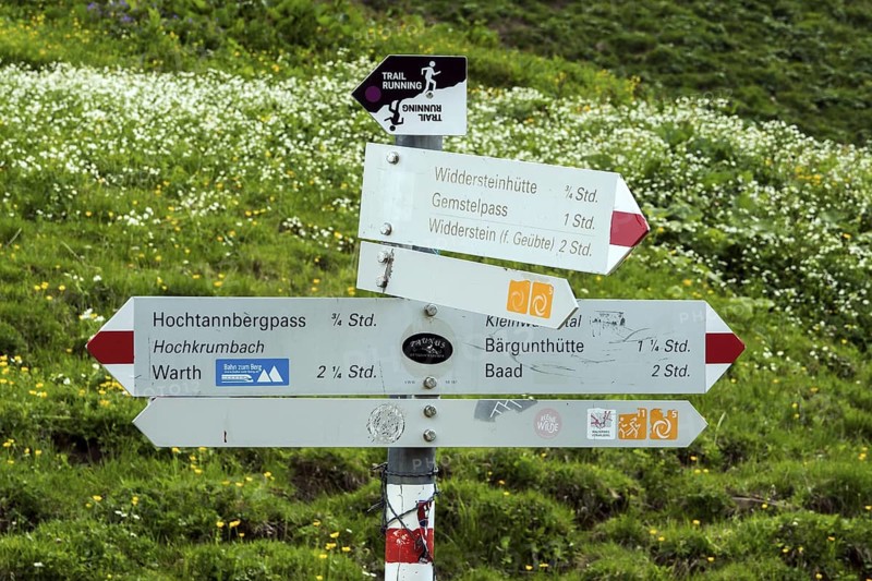 Hiking signpost on the Hochalp Pass, AllgÃ¤u Alps, near Hochkrumbach, Vorarlberg, Austria