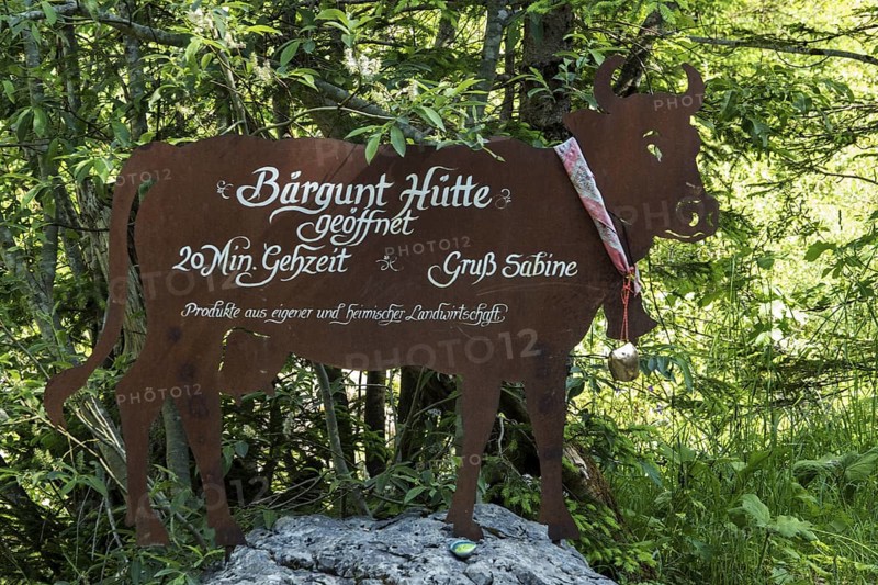 Signpost to the BÃ¤rgunt HÃ¼tte, BÃ¤rgunttal, near Baad, Kleinwalsertal, AllgÃ¤u Alps, Vorarlberg, Austria