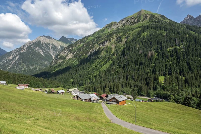 View of Baad, BÃ¤renkopf at the back, Kleinwalsertal, Vorarlberg, AllgÃ¤u Alps, Austria
