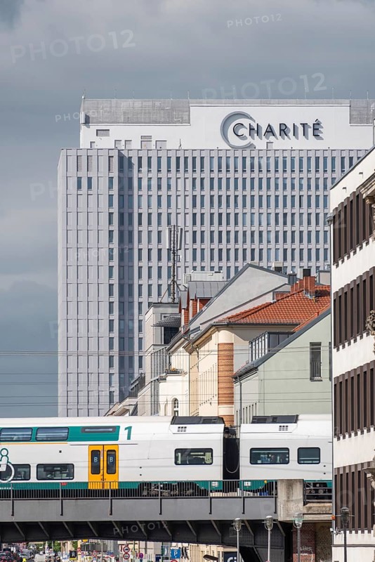 The main building of the renowned Charité University Hospital in Berlin rises strikingly above the cityscape, Berlin, Germany