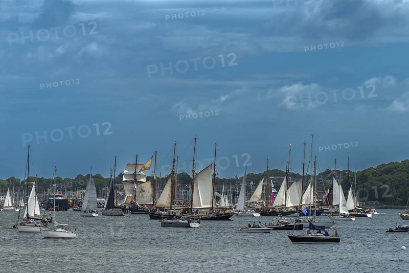 Windjammer Parade 2025 on the Kiel Fjord at the end of Kiel Week, tall ships, three-masters, motorboats, spectators, summer weather, sunshine, forest, Kiel, Schleswig-Holstein, Germany