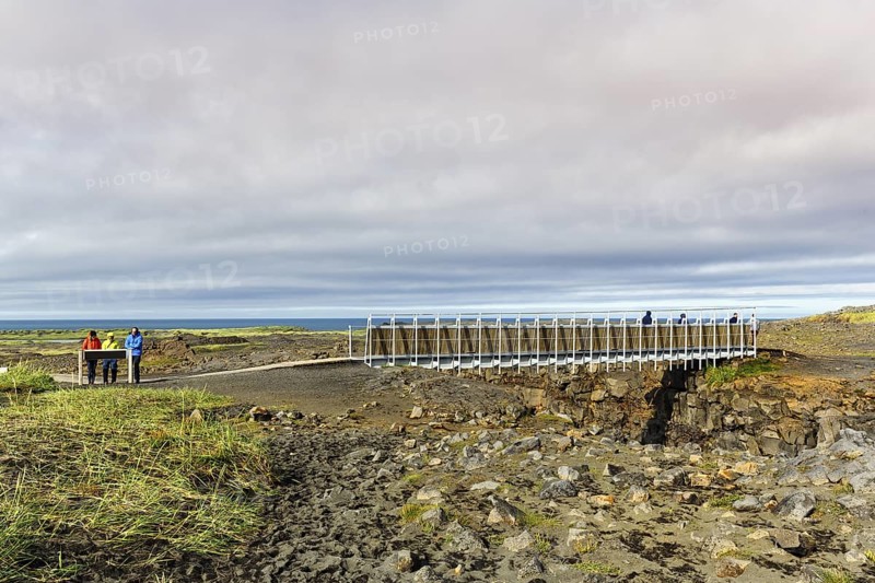 Metal lattice bridge over continental divide, Mid-Atlantic Ridge, volcanic landscape, Reykjanes Peninsula, near Reykjavik, Iceland