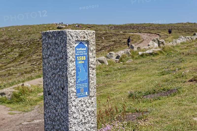 Coastal footpath, a long-distance footpath from the south of England to Scotland, at Lands End. Land's End, the tip of the headland in the west of Cornwall, is the most westerly point in England. Land's End, Sennen, Penzance, Cornwall, South West England, Great Britain