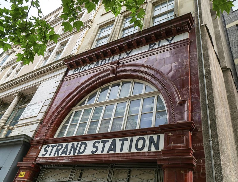 Frontage of closed Strand Station, Piccadilly Railway, Aldwych, central London, England, UK