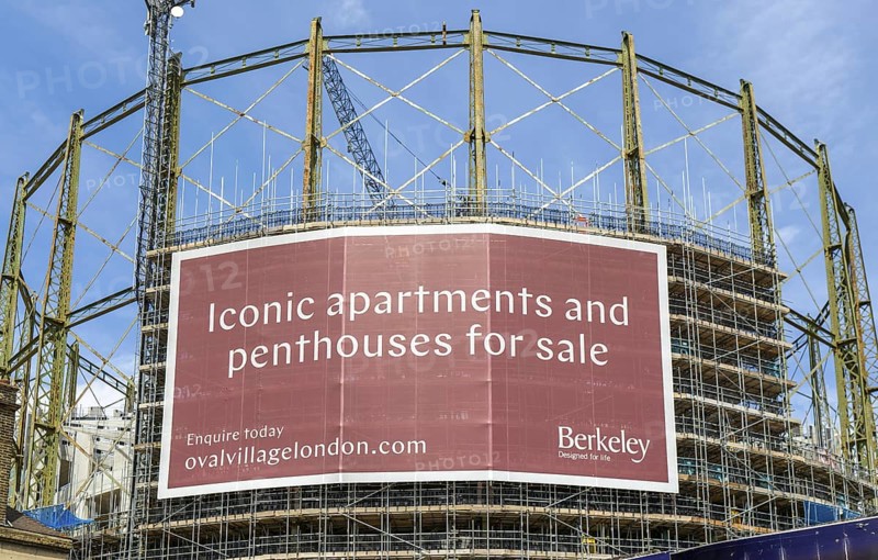 Construction project new apartments The Halo development inside Victorian gasometer, Oval Village by Berkeley, Vauxhall, Lambeth, London, England, UK