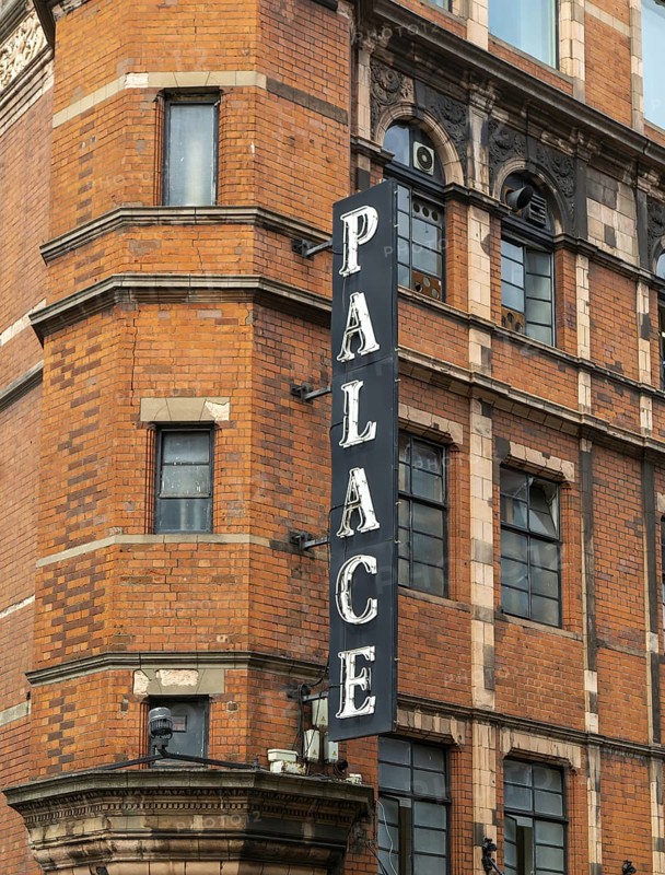 Sign on historic building, Palace theatre, West End, London, England, UK