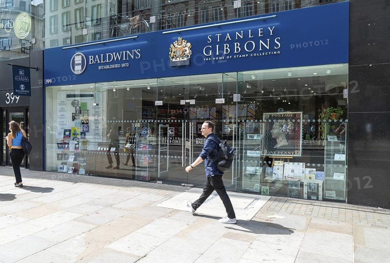 Stanley Gibbons and Baldwin's stamp collecting shop, Strand, central London, England, UK