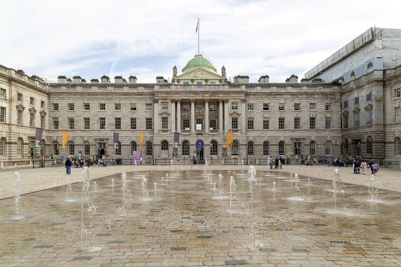 Water fountains in courtyard of Somerset House, Strand, City of Westminster, central London, England, UK