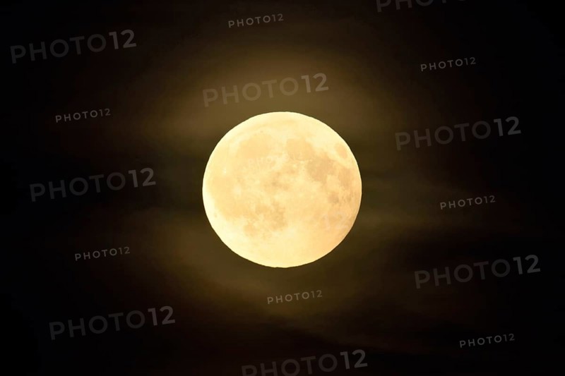 Round, full moon, bright shining full moon in starry night with a small aura caused by thin clouds, haze layer reflecting the light of the moon, night-black sky, local nature, Meerbusch, DÃ¼sseldorf, Rhineland, Lower Rhine, North Rhine-Westphalia, Germany, Western Europe