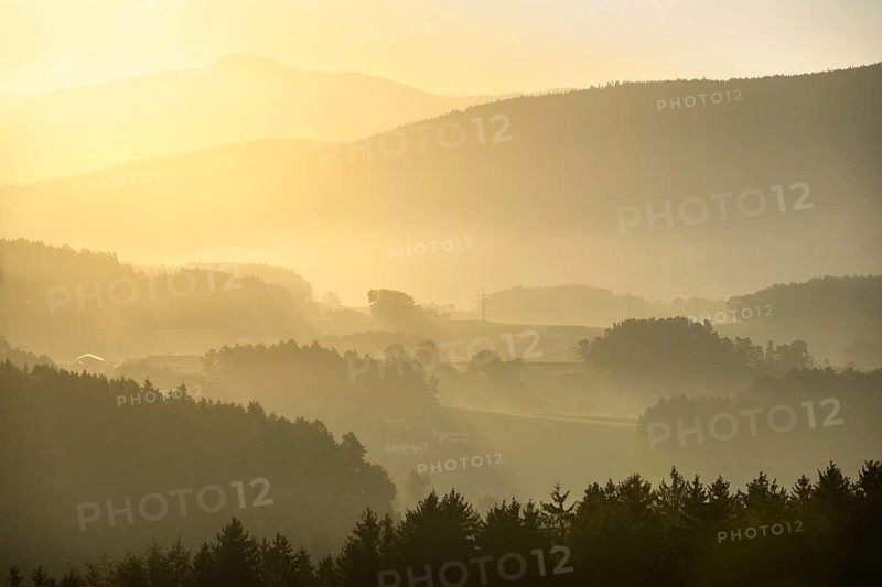 Landscape with forest, meadows and mountains around the town of Bad Kötzting, with a part of the Kaitersberg in the background on the right. In the morning at sunrise. District of Cham, Upper Palatinate, Bavarian Forest, Bavaria, Germany