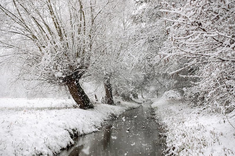 Stream, old drainage ditch in the Rhine floodplains near Meerbusch in winter with snow, Ilvericher Altrheinschlinge with snowfall, local nature, landscapes in the snow, rare weather conditions in the Rhineland, Lower Rhine, Meerbusch, North Rhine-Westphalia, Germany, Western Europe