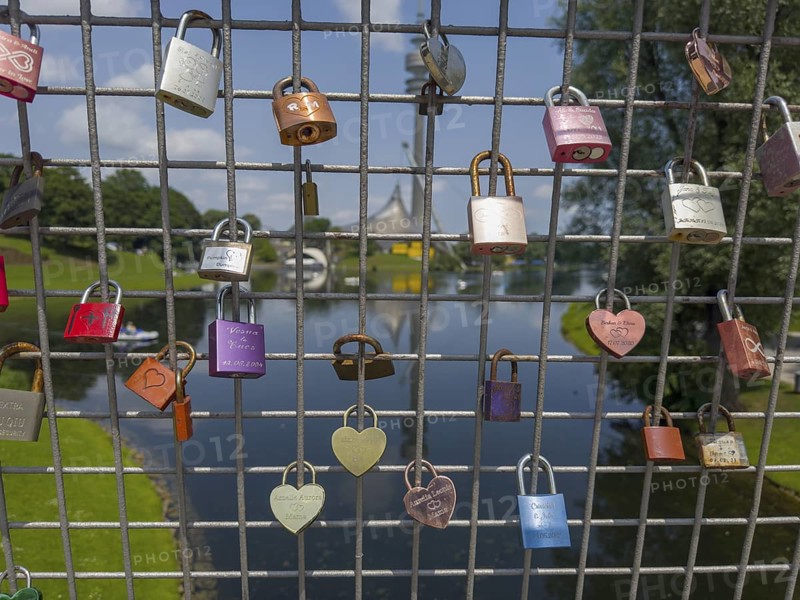Love locks in the Olympic Park, Munich, Bavaria, Germany