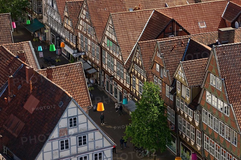 View from the town church tower over the roofs of the historic old town with its four hundred half-timbered houses, Celle, Lower Saxony, Germany