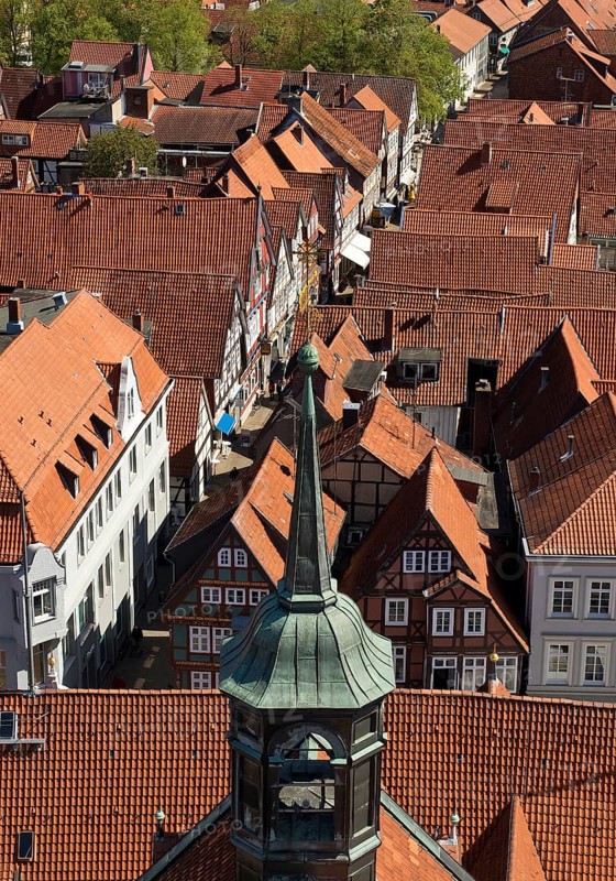 View from the town church tower over the roofs of the historic old town with its four hundred half-timbered houses, Celle, Lower Saxony, Germany