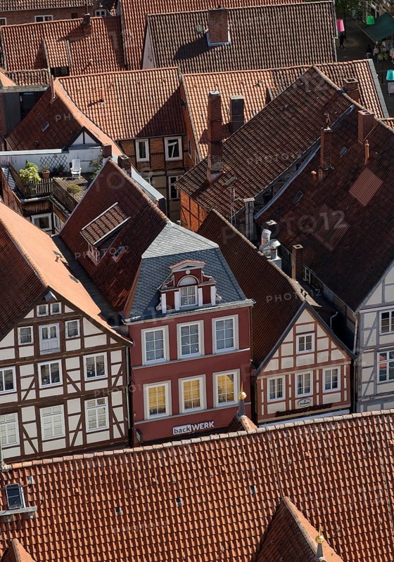 View from the town church tower over the roofs of the historic old town with its four hundred half-timbered houses, Celle, Lower Saxony, Germany