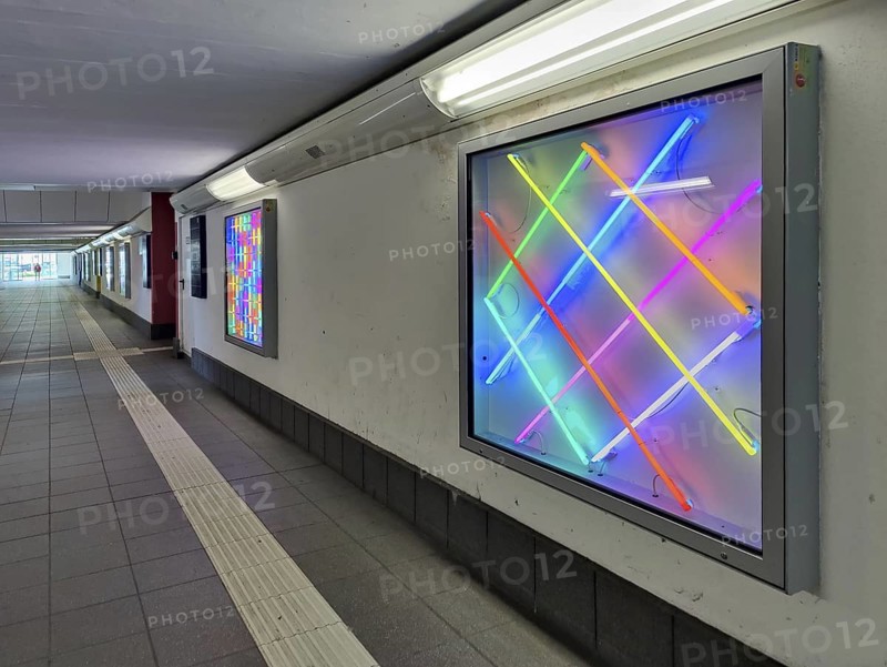 Eight light boxes by Albert Hien with neon systems in the subway at Celle railway station, Kunst-Stiftung Celle, Lower Saxony, Germany