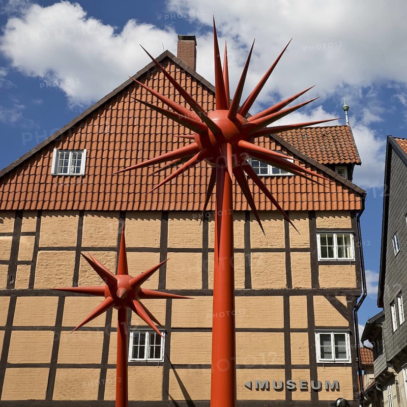 Artwork by Otto Piene entitled Fireworks for Celle in front of a half-timbered house in the historic city centre, Lower Saxony, Germany
