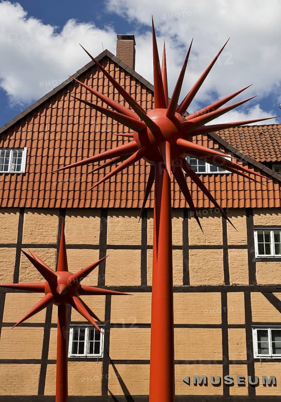 Artwork by Otto Piene entitled Fireworks for Celle in front of a half-timbered house in the historic city centre, Lower Saxony, Germany
