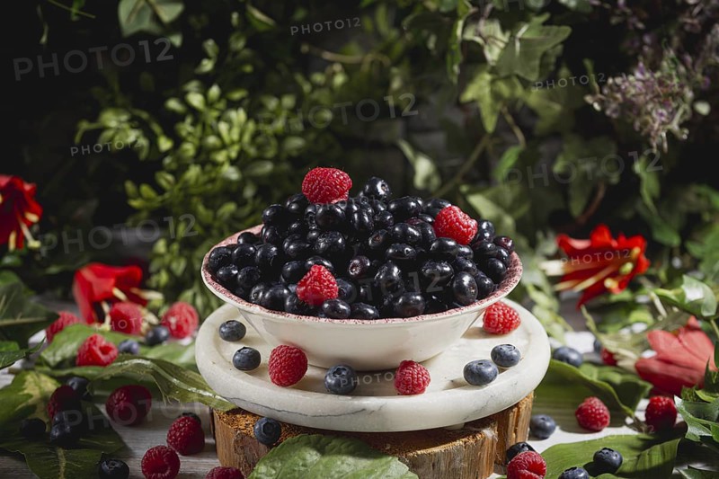 Bowl with raspberries and blueberries on a marble plinth in a natural setting