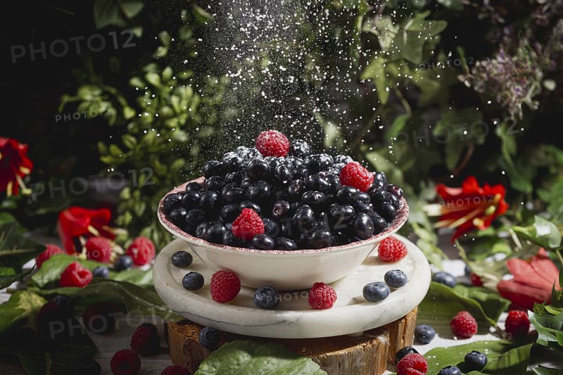 Raspberries and blueberries in a bowl are sprinkled with icing sugar, surrounded by leaves and flowers