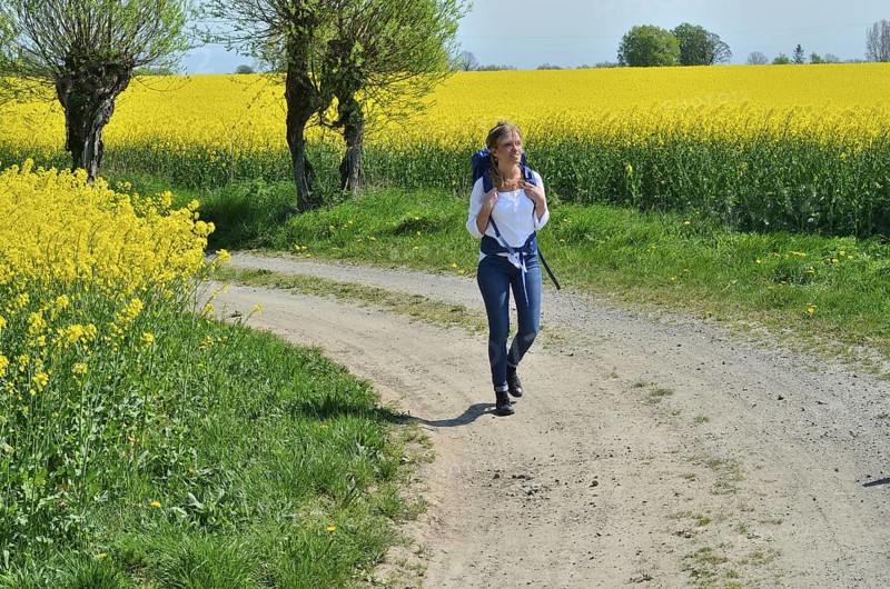 Young woman with backpack walking on a countryroad with willow trees and field of rape in Skivarp, SkÃ¥ne County, South Sweden