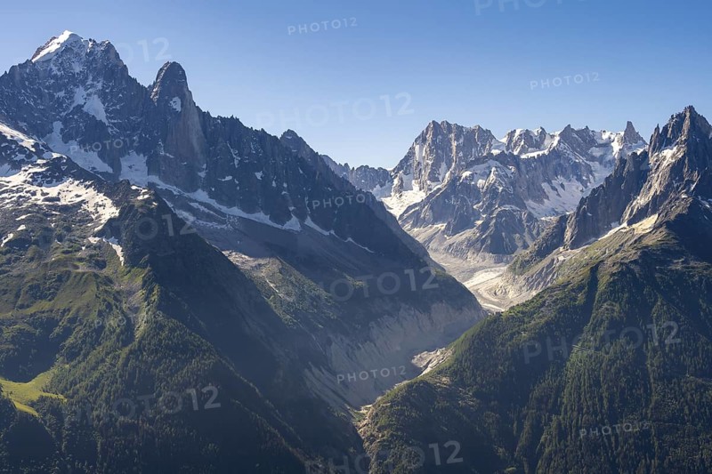 Mountain peak Grandes Jorasses and glacier Mer de Glace of the Mont Blanc massif, Chamonix-Mont-Blanc, Haute-Savoie, France