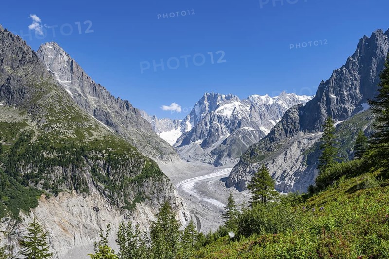 Picturesque mountain landscape with imposing mountain peaks and glaciers, Grand Balcon Nord, Mer de Glace glacier tongue, Grandes Jorasses at the back, Mont Blanc massif, Montenvers, Chamonix, Haute-Savoie, France