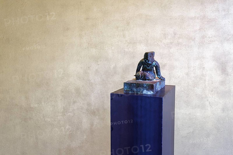 Sculpture on a blue pedestal, Vitra Campus, Vitra Design Museum, Weil am Rhein, Baden-WÃ¼rttemberg, Germany