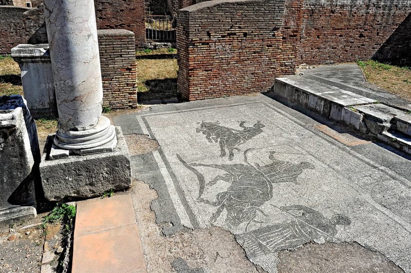 Ruins with mosaics on the floor of the police barracks, Caserma dei Vigili, ancient port city of Rome, excavation site Archaeological Park Ostia Antica, metropolitan city of Rome, Lazio, Italy