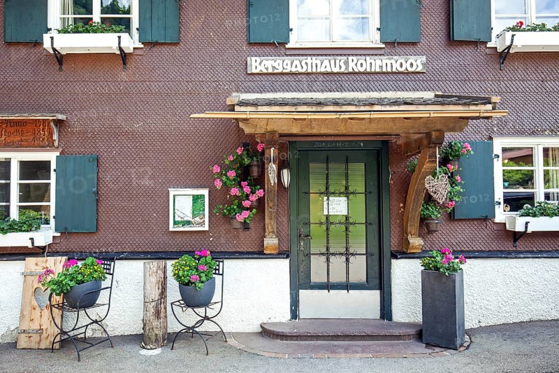 Entrance Berggasthof Rohrmoos, Rohrmoostal, near Oberstdorf, OberallgÃ¤u, AllgÃ¤u, Bavaria, Germany