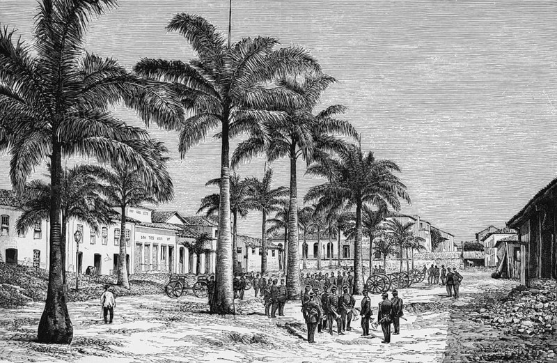 Street in Manaus with soldiers in uniform, colonial buildings, palm trees, Amazonas, Brazil, then Empire, South America, historical illustration 1888