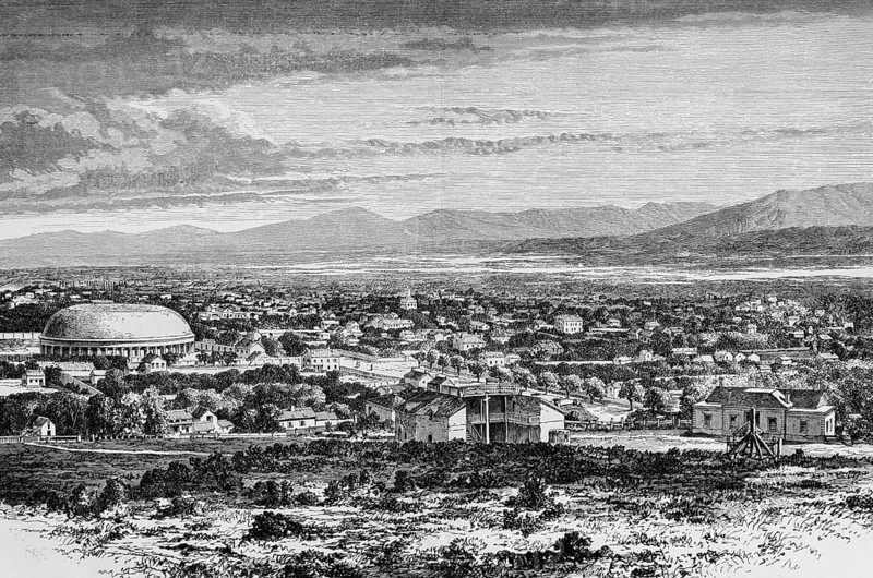 Salt Lake City, 19th century cityscape, salt lake, mountain landscape, The Tabernacle or Mormon Tabernacle with round roof, Utah, North America, historical illustration 1888