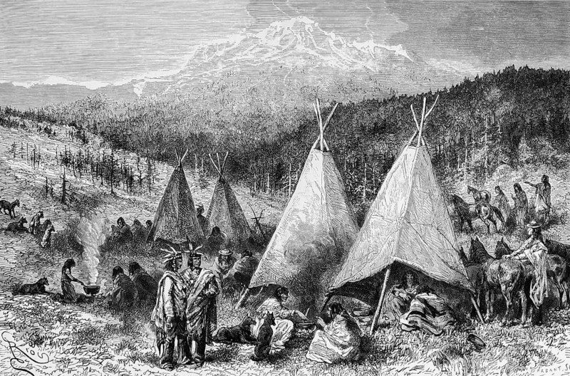 Indian camp, feather jewellery, traditional traditional costume, yurt tents, fireplace, preparing food, horses, dogs, woman, men, forest, Rocky Mountains, snow-covered peak, mountain landscape, North America, historical illustration 1888