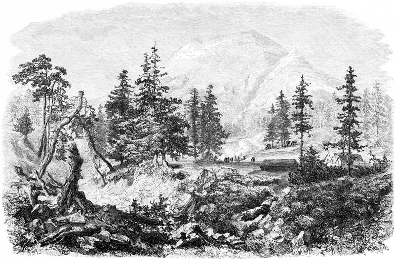 Popocatépetl volcano or Popocatepetl wild mountain landscape, conifers, houses, people, Mexico, Central America, historical illustration 1888