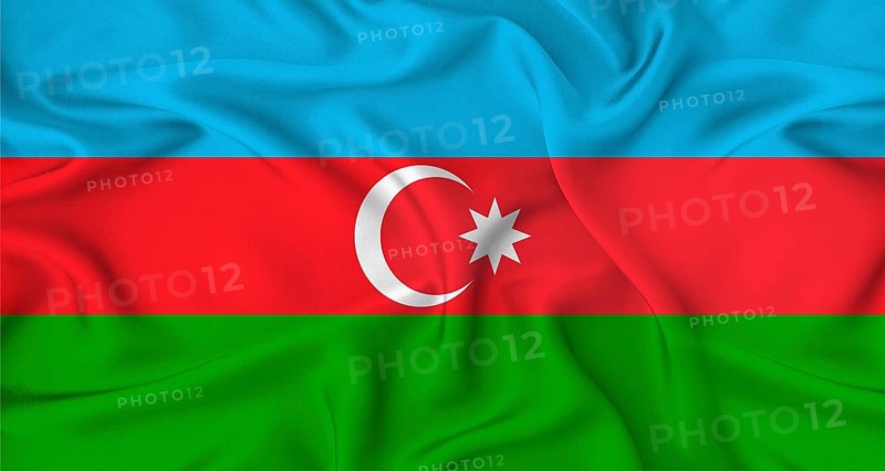 Realistic Azerbaijan flag waving. Close up of flag of Azerbaijan with cloth texture