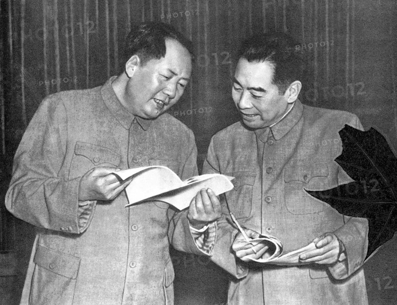 Mao Zedong or Mao Tse-tung and Zhou Enlai, also read Tschu En Lai or Tschou En-lai, ca. 1960s