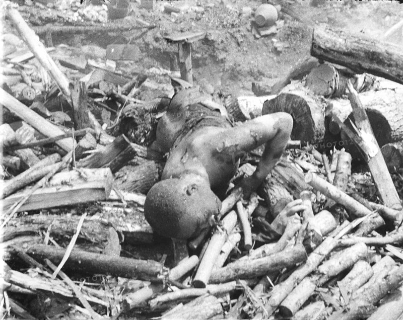 War victims, civilians. Presumably Shangai or in the immediate vicinity. Second World War in Asia. The Second Sino-Japanese War began on 7 July 1937 and lasted until 9 September 1945. It was an all-out invasion of China by the Japanese