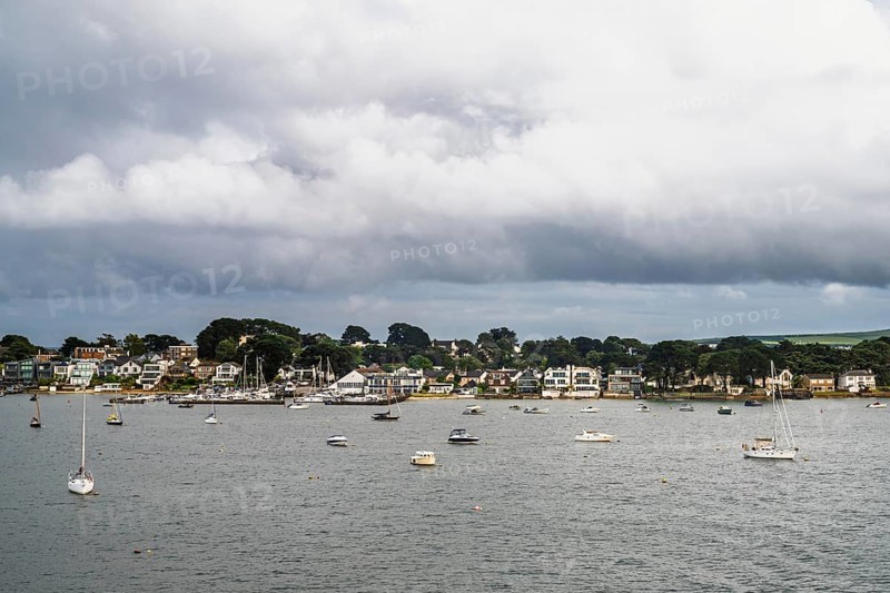Yachts over Ramshorn Lake and Poole, Brownsea, Dorset, England, United Kingdom