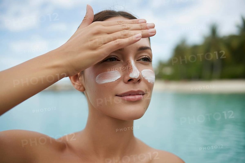 Woman applying sunscreen to her face. Soft-focus beach portrait evoking summer warmth and sun protection. Generative ai, AI generated