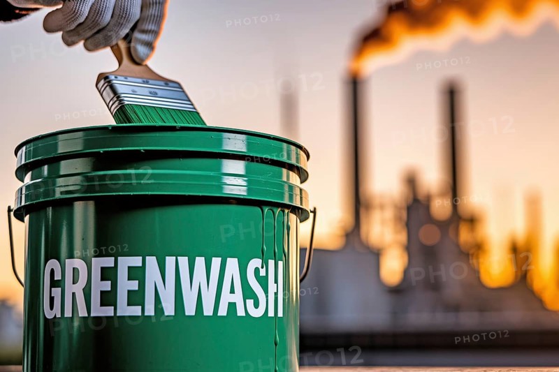 Gloved hand stirs Greenwahs paint beside a smoking factory. A stark critique of corporate pollution and eco-deception and greenwashing. Generative ai, AI generated