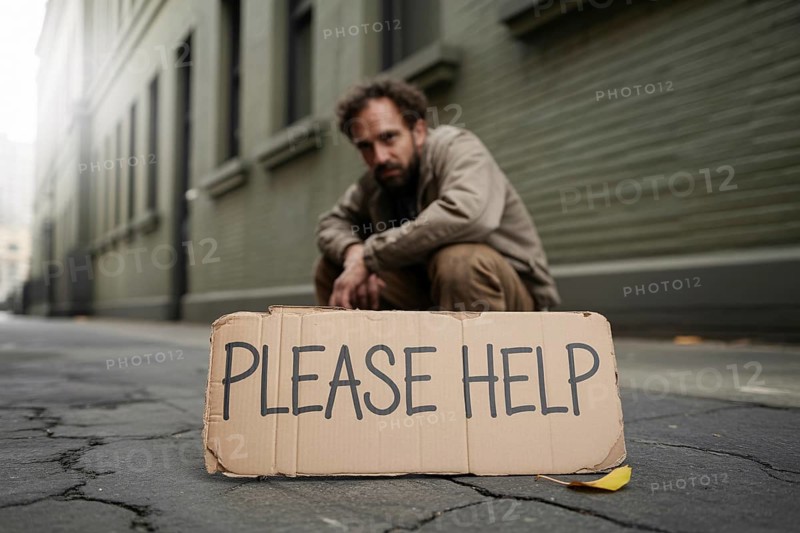 Man with weathered Please help sign resting on cracked pavement. Poignant urban scene highlighting hardship and vulnerability. Generative AI, AI generated