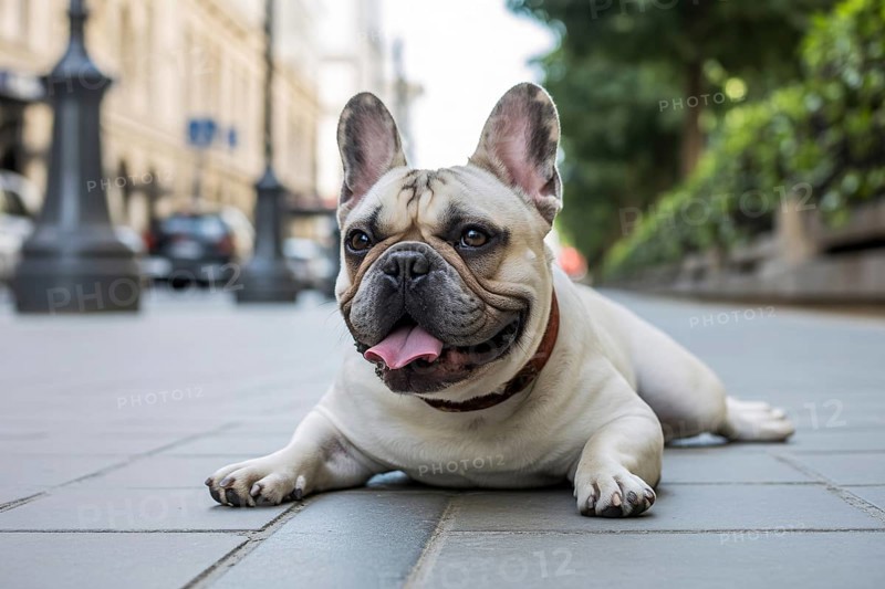 French bulldog lying on pedestrian walk, panting heavily in summer heat. Concept of overheating and heat risks for brachycephalic breeds. Generative ai, AI generated